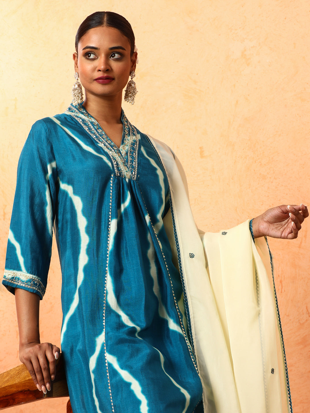 Floral Embroidered A-Line Silk Blend Kurta & Trousers Sets