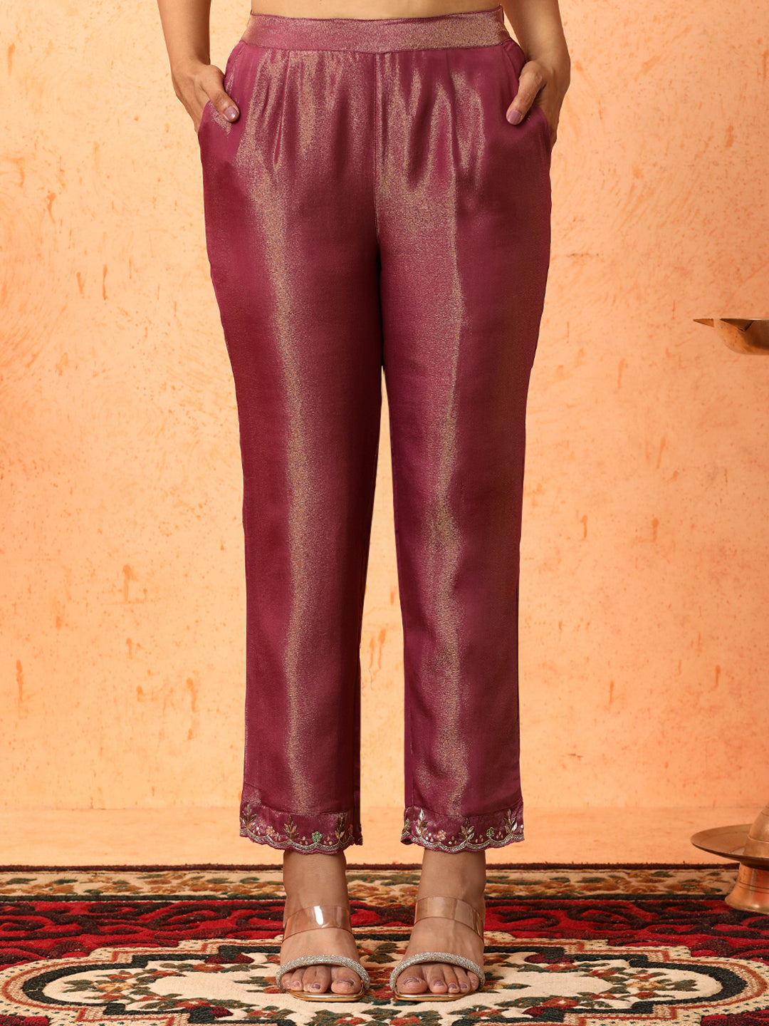 Floral Embroidered A-Line Silk Blend Kurta & Trousers Sets