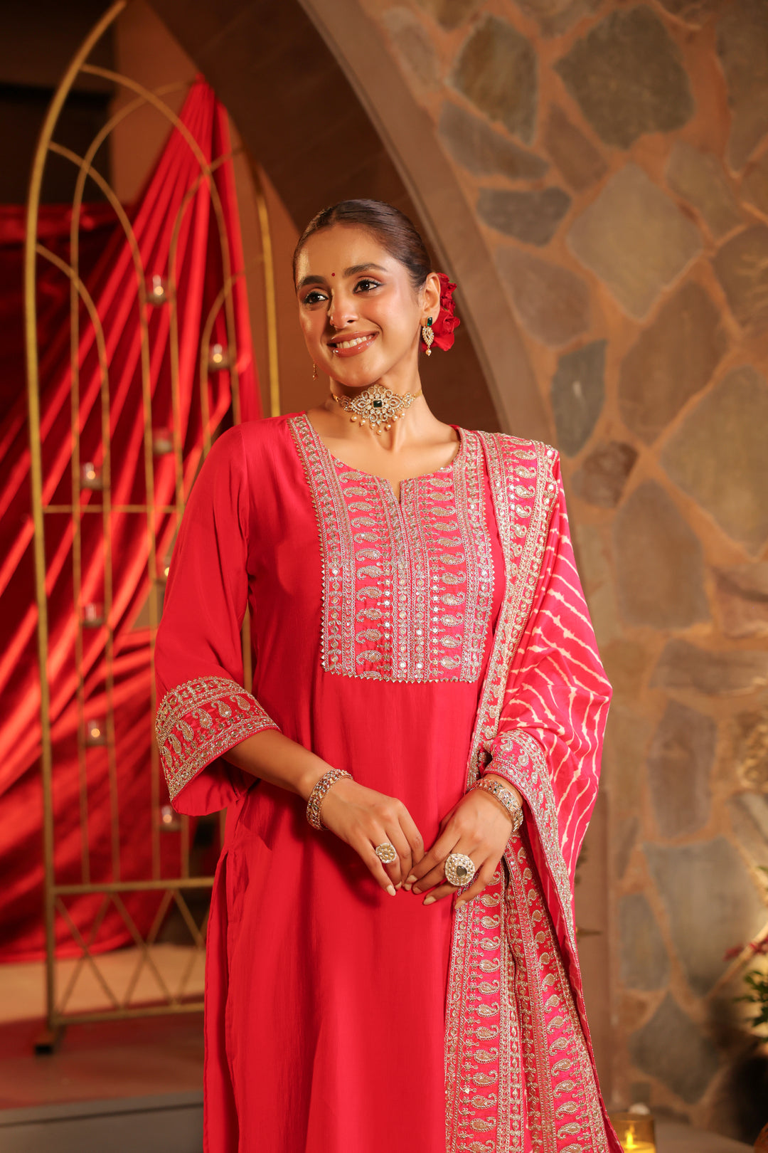 Floral Embroidered Straight Kurta & Palazzos Sets