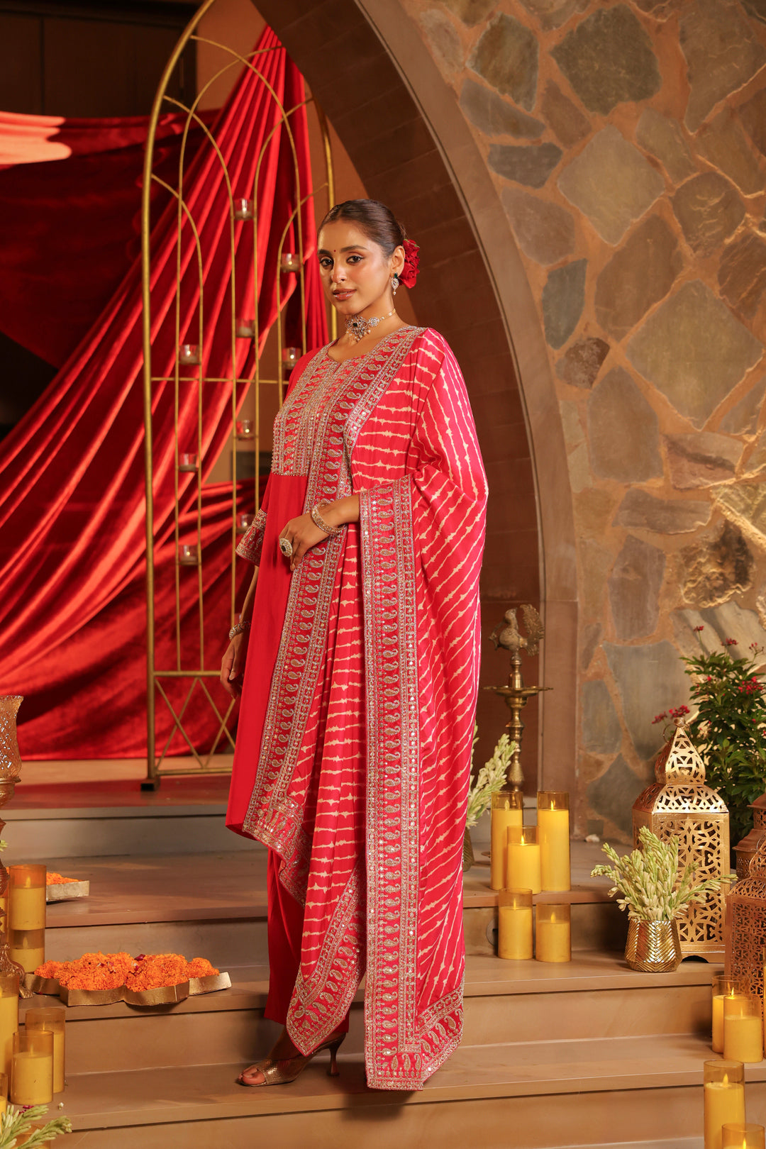 Floral Embroidered Straight Kurta & Palazzos Sets
