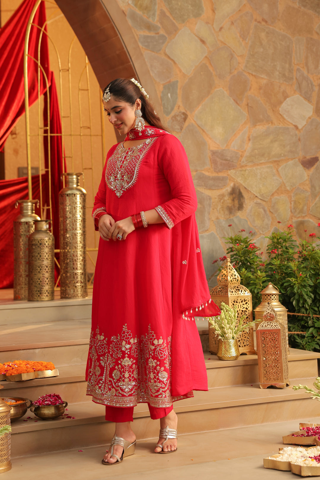 Floral Embroidered A-Line Silk Blend Kurta & Trousers Sets
