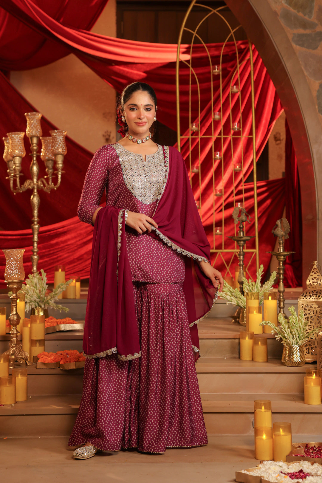 Floral Embroidered Straight Dola Silk Kurta & Sharara Sets