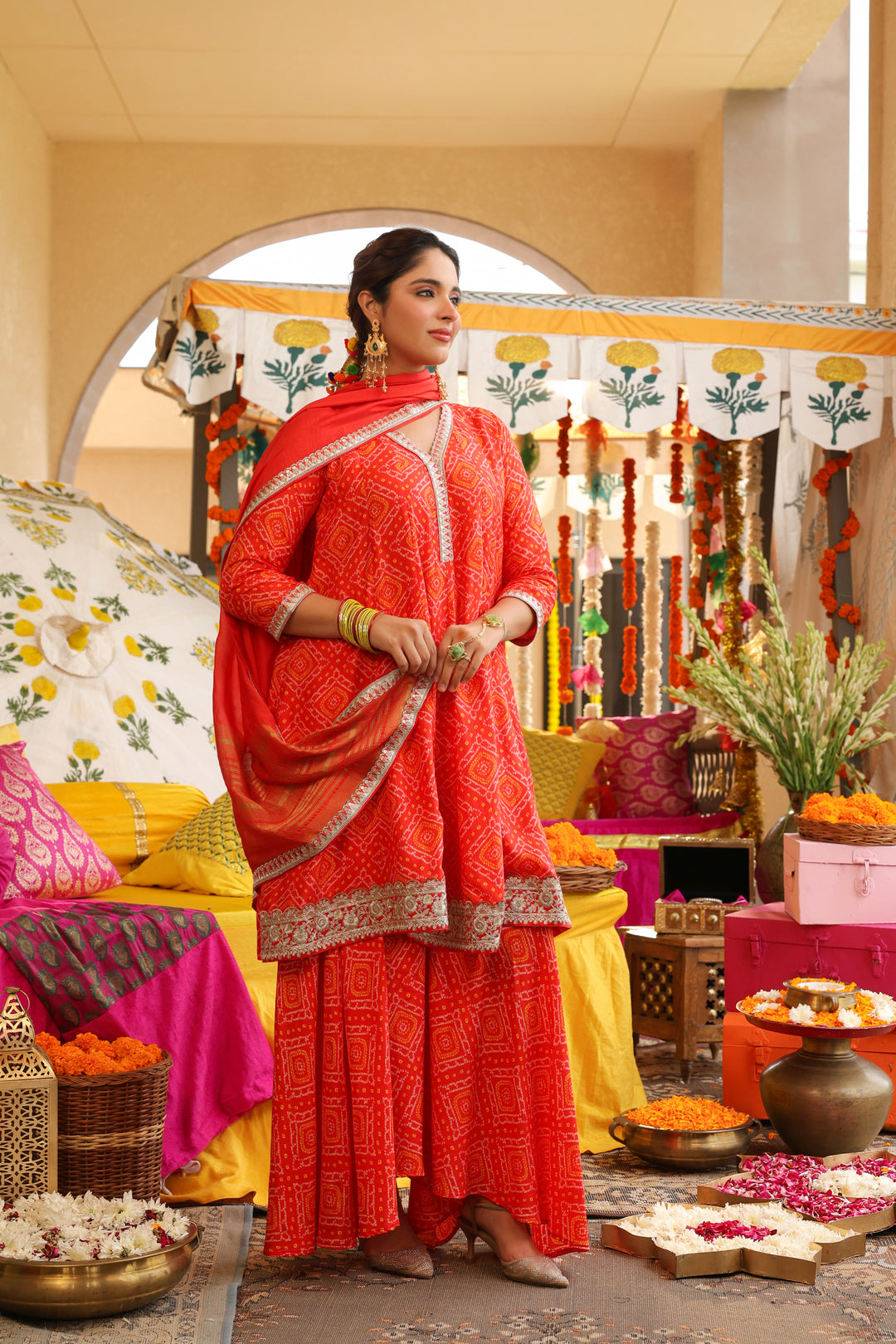 Bandhani Embroidered A-Line Silk Blend Kurta & Sharara Sets