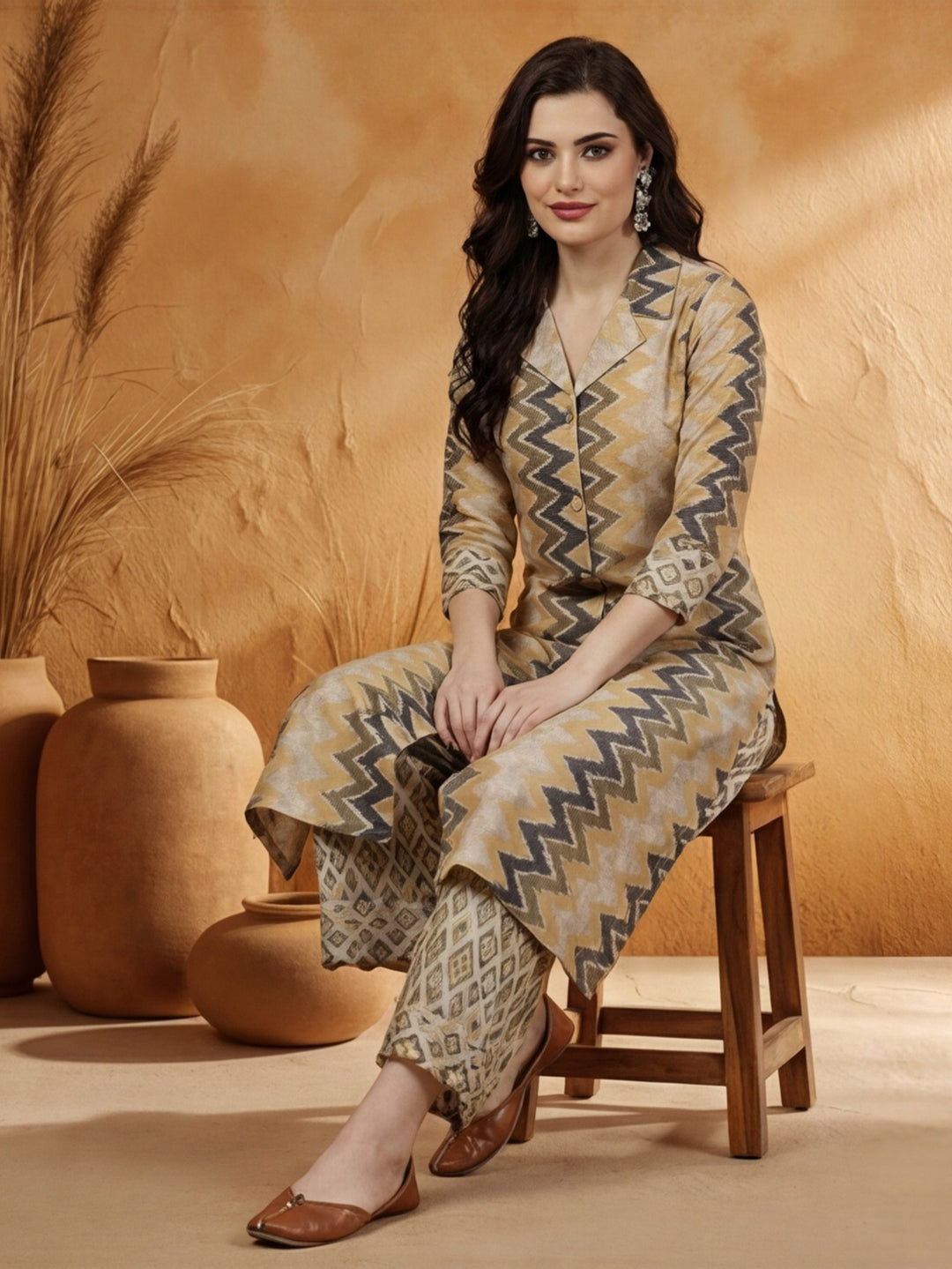 Green Geometric Printed A-line Kurta With Palazzo