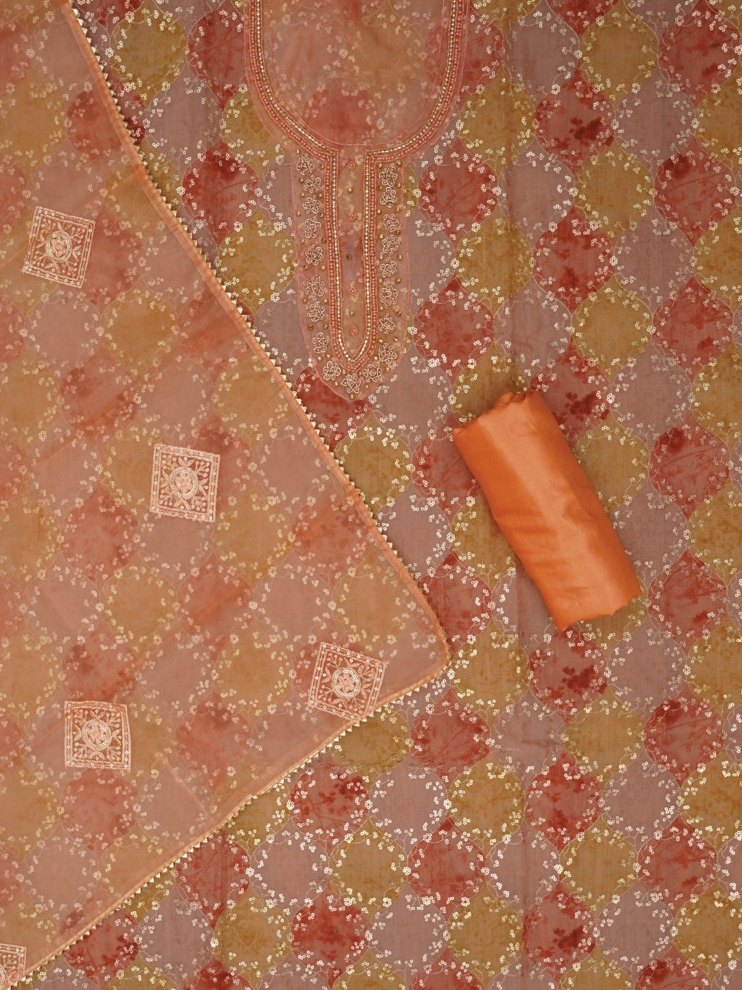 Sequin Embellished Organza Multicolor Dress Material with Dupatta