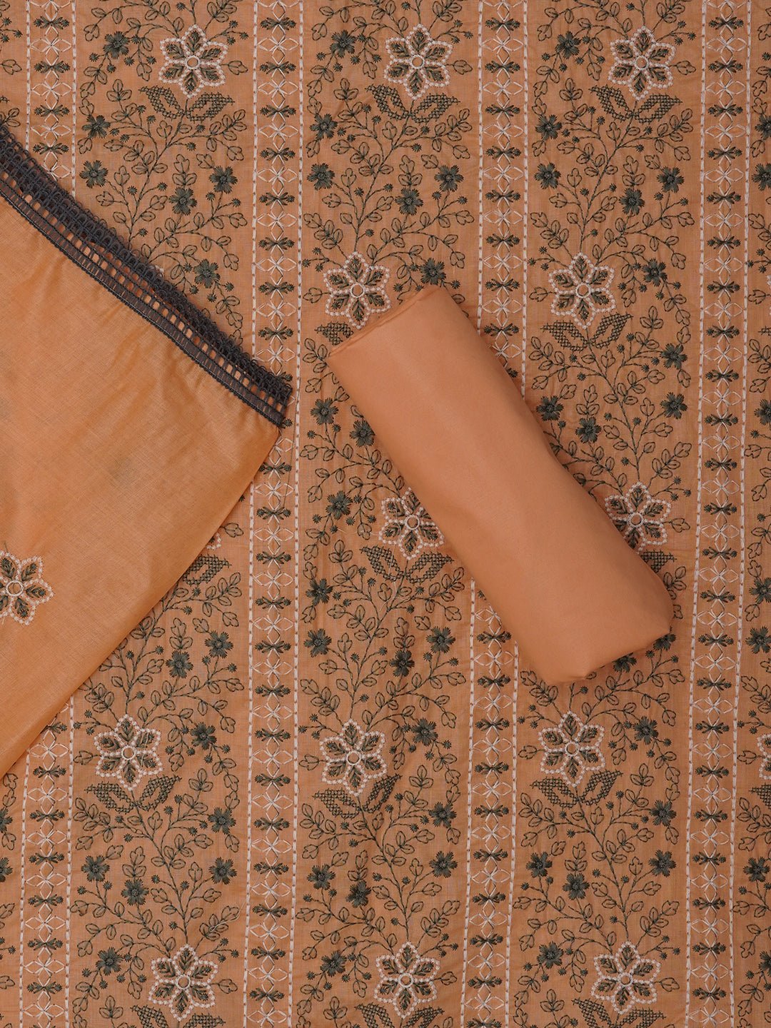 Peach Unstitched Embroidered Pure Cotton Dress Material With Dupatta