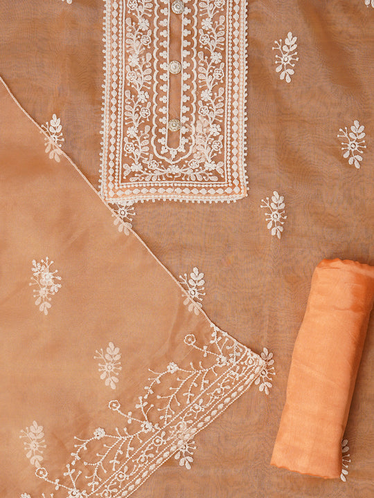 Unstitched Orange Embroidered Organza Dress Material With Dupatta