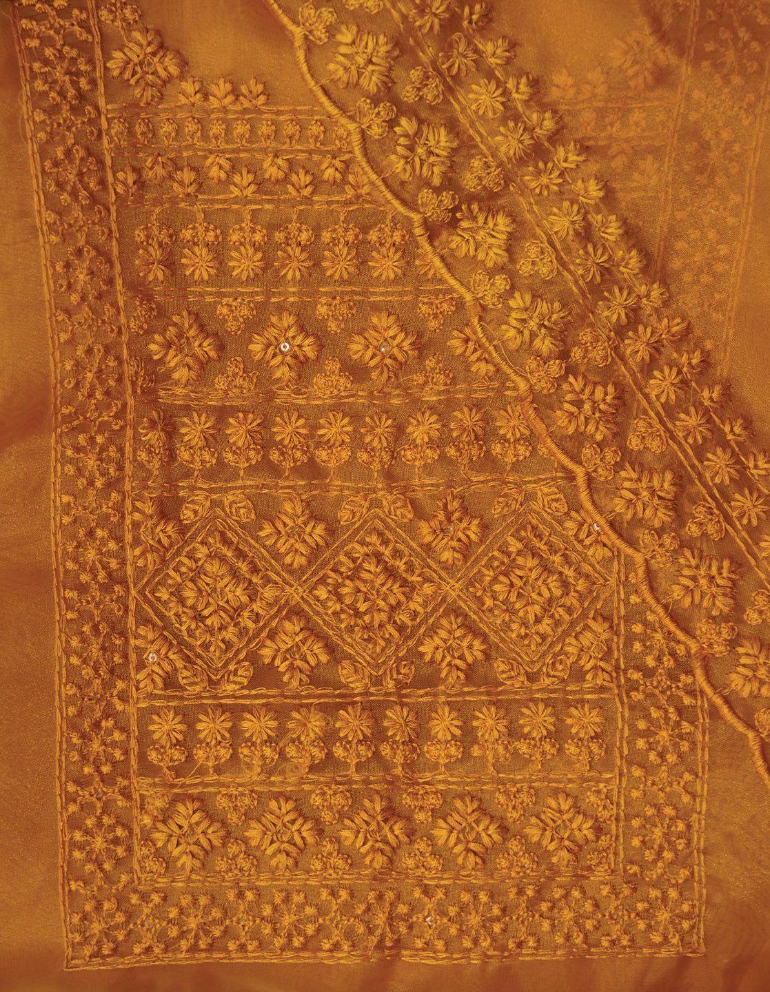 Mustard Unstitched Embroidered Organza Festive Dress Material With Dupatta