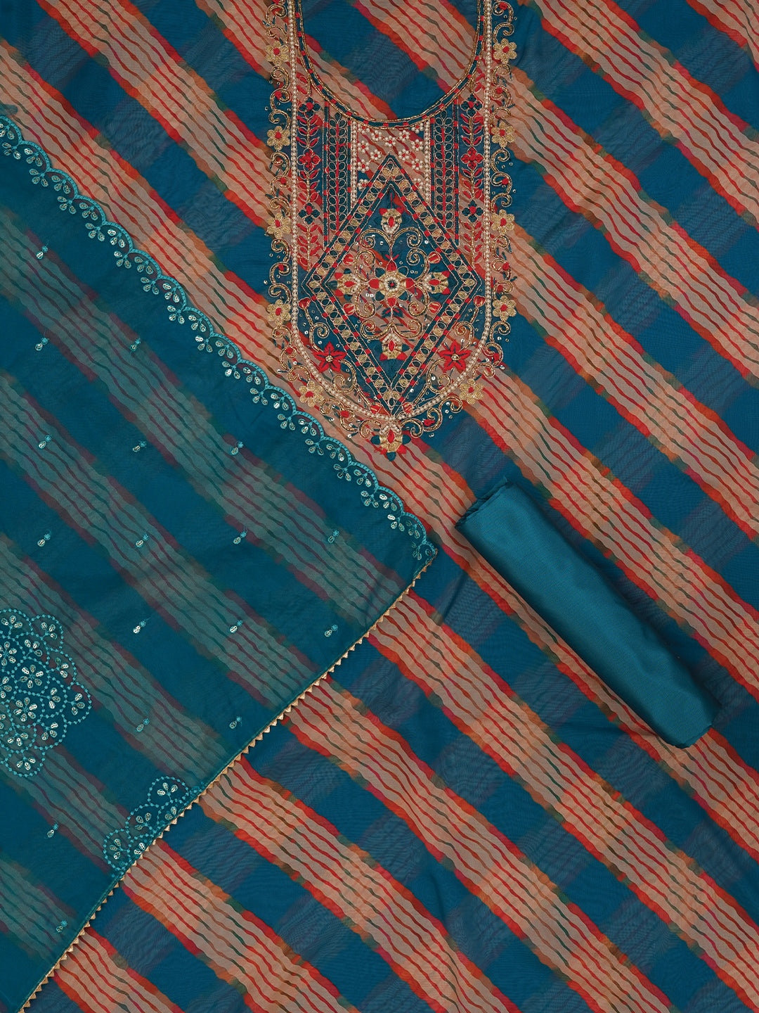 Sky Blue Floral Silk Zari Woven Dress Material with Dupatta