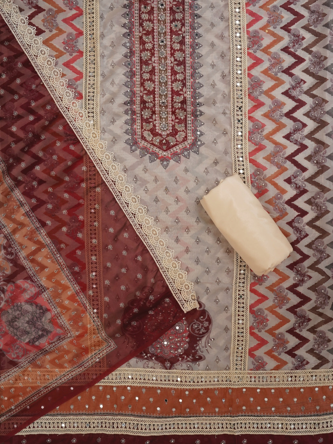 Multicolor Floral Printed Organza Dress Material With Dupatta