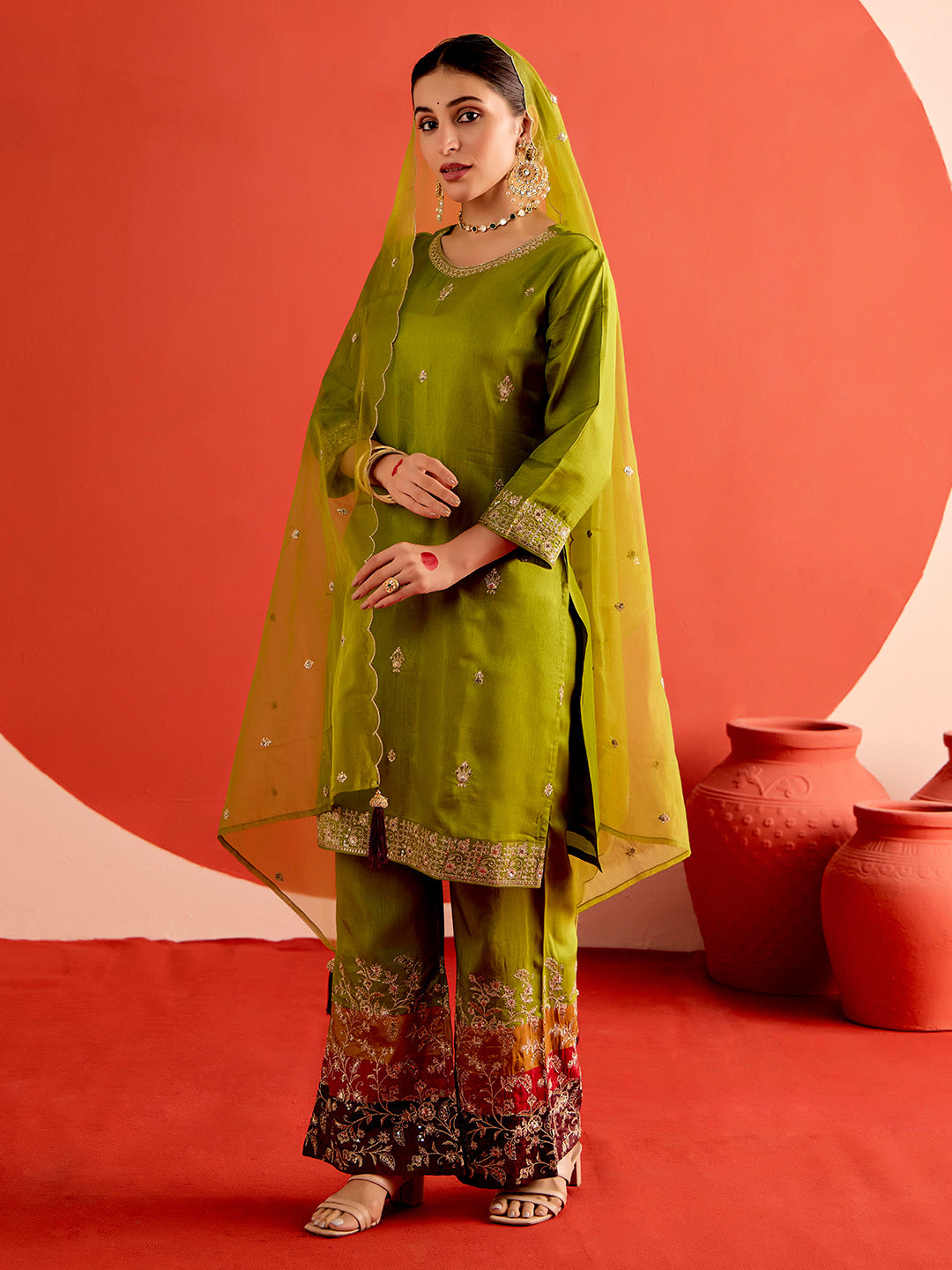 Mehendi Green Zardozi Embroidered Festive Kurta Set With Dupatta