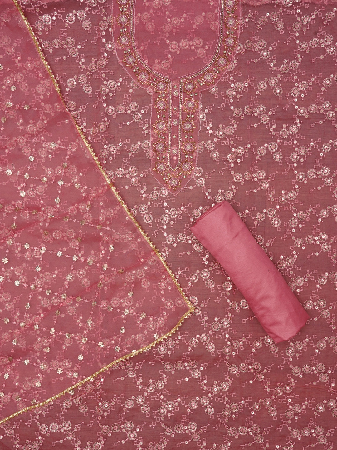 Pink Festive Embellished Organza Dress Material with Dupatta