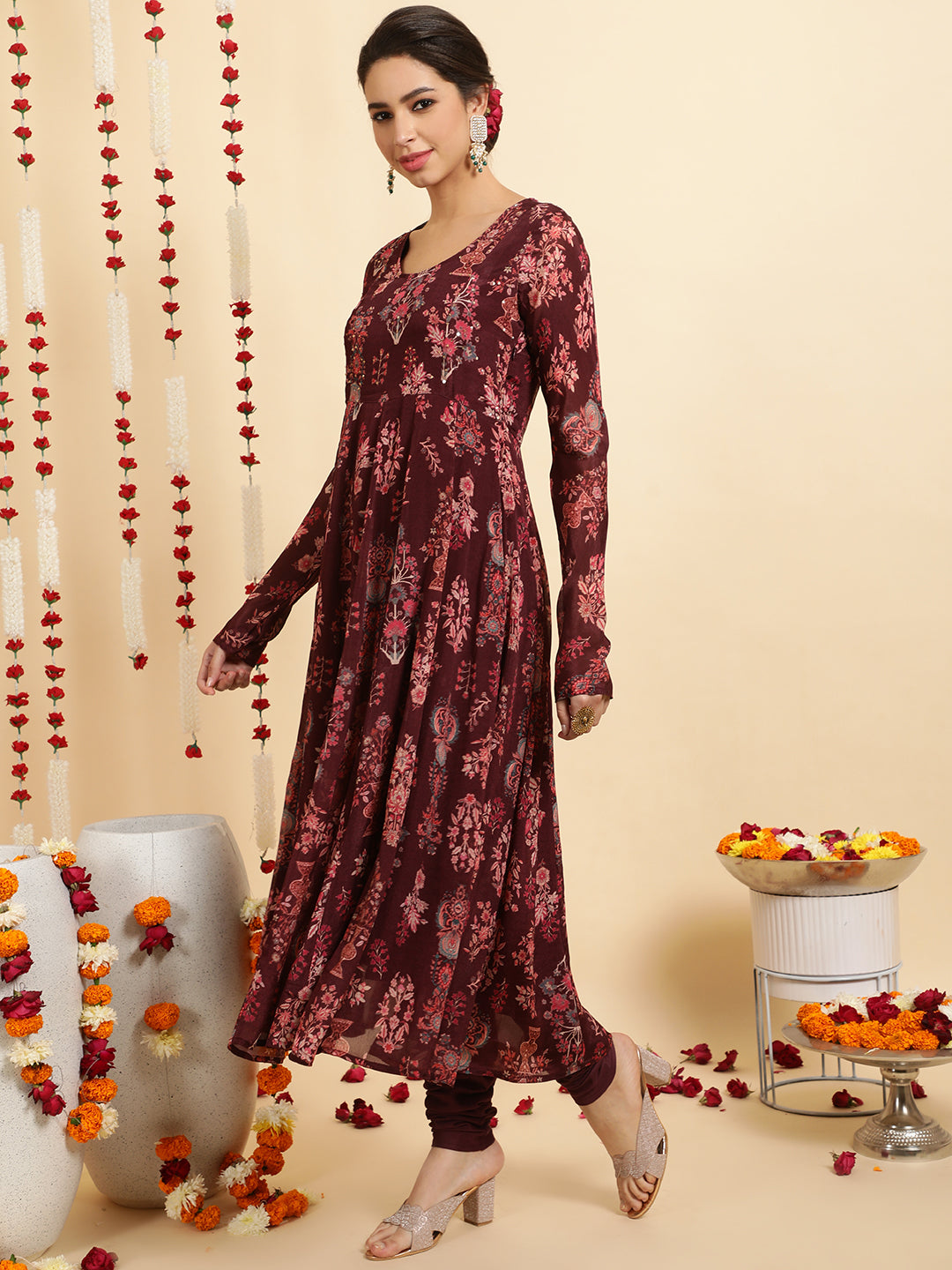 Wine Ethnic Printed Zardozi Anarkali With Churidar And Dupatta