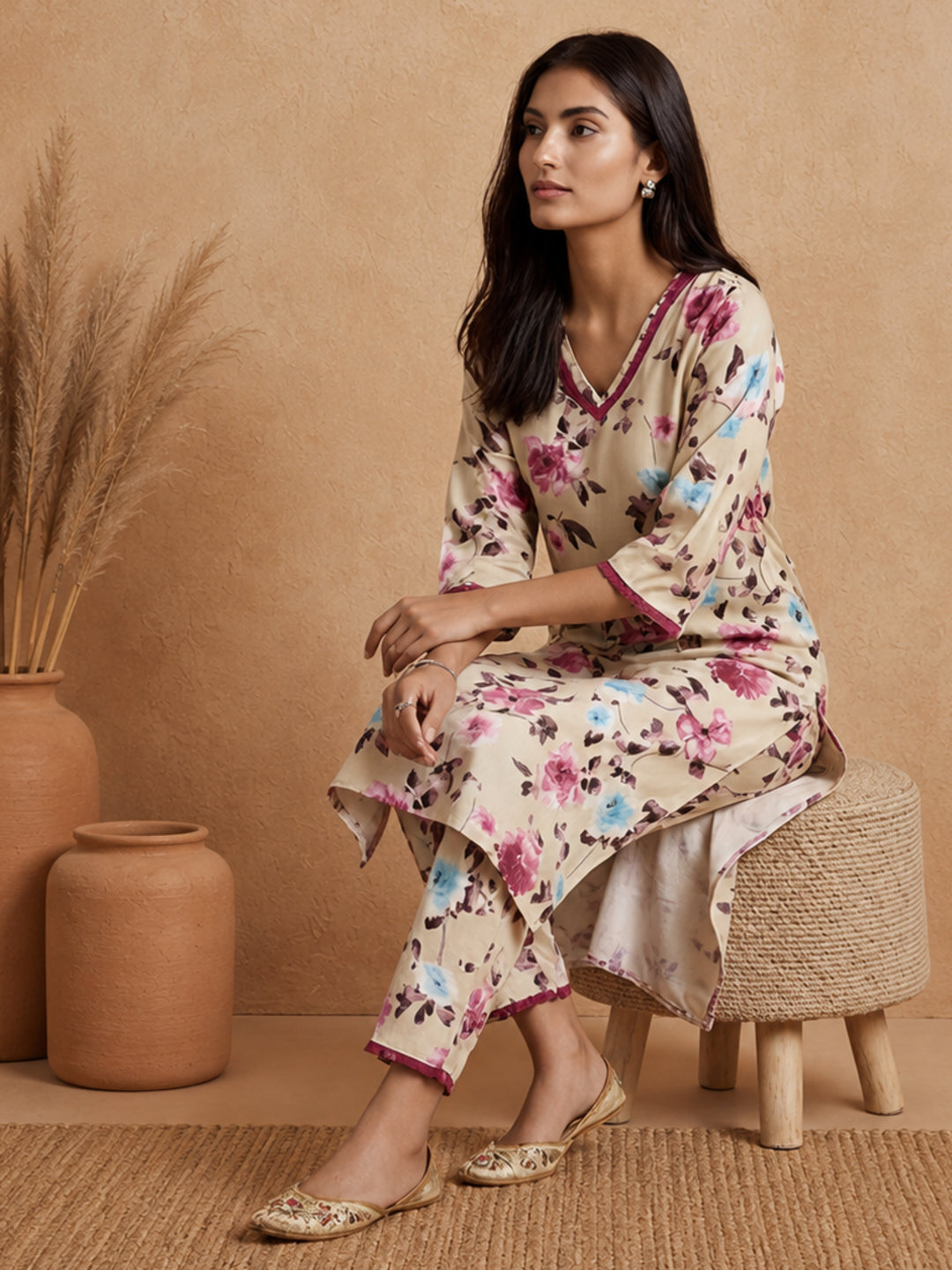 Floral Printed Straight Kurta & Trousers Sets