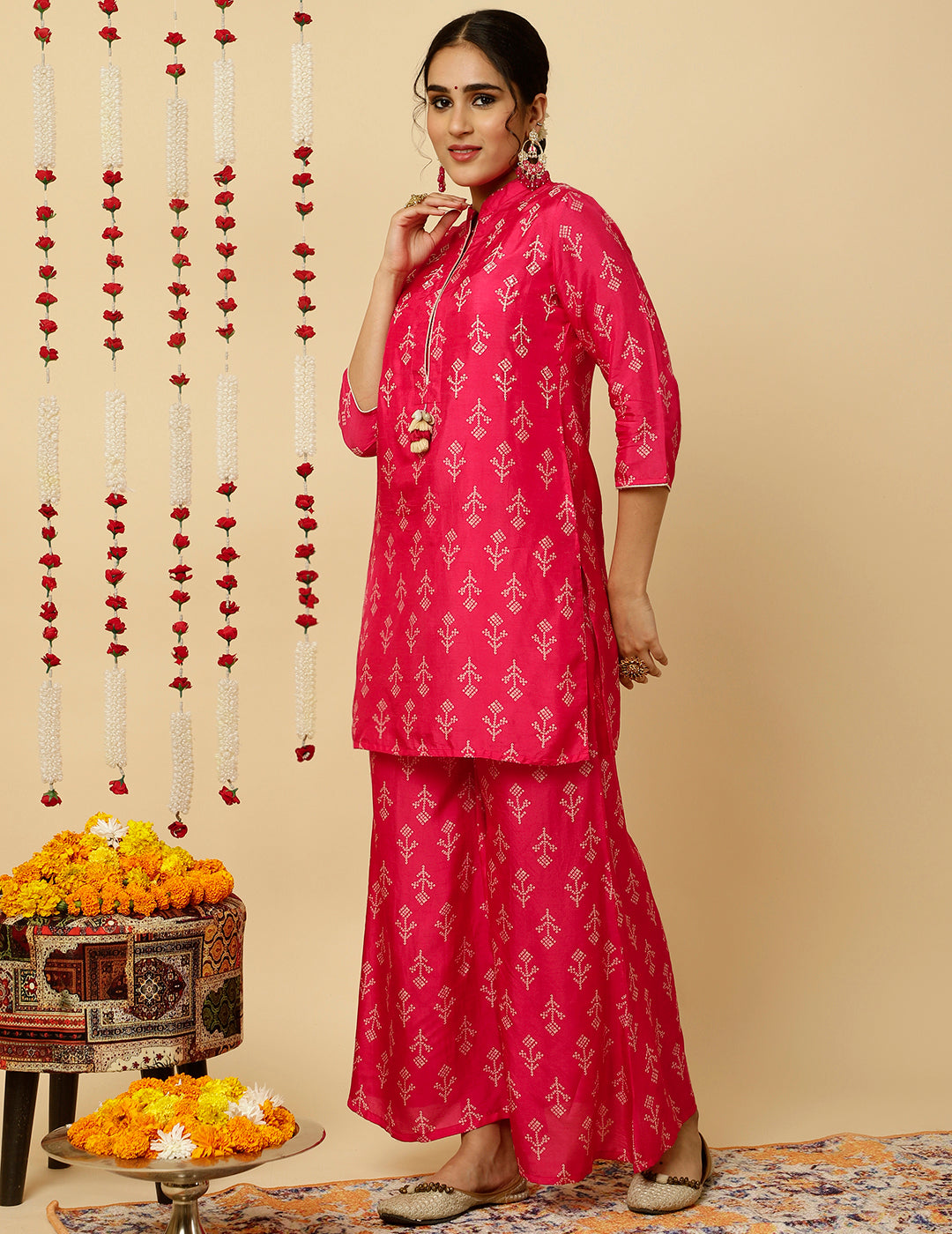 Bandhani Printed Dola Silk Pink Co-ord Set
