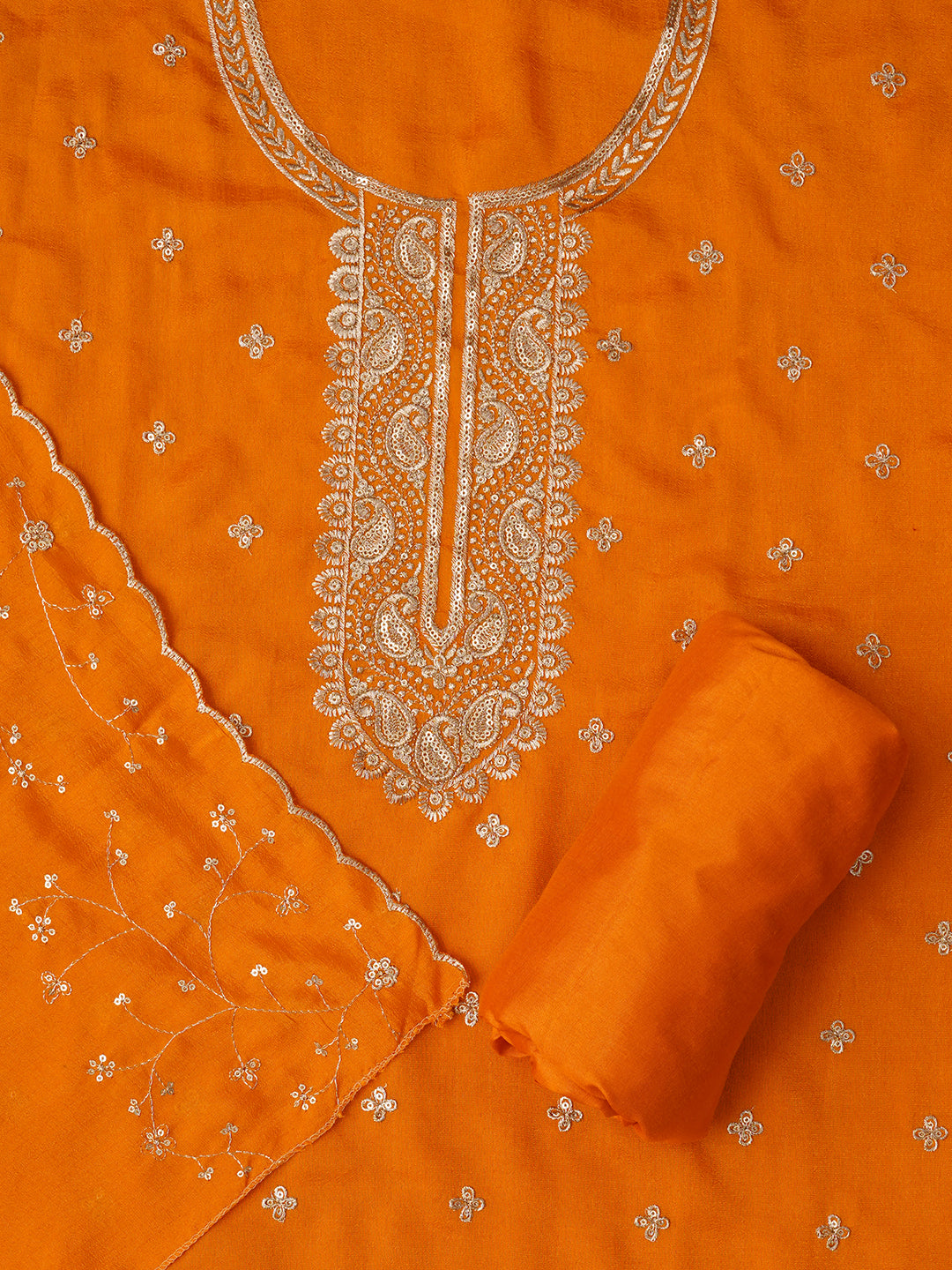 Yellow Unstitched Embroidered Cotton Blend Dress Material With Dupatta
