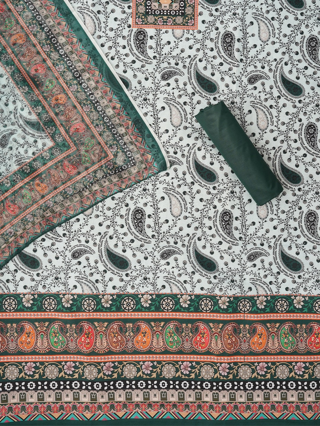 Green Paisley Printed Cotton Blend Dress Material with Dupatta