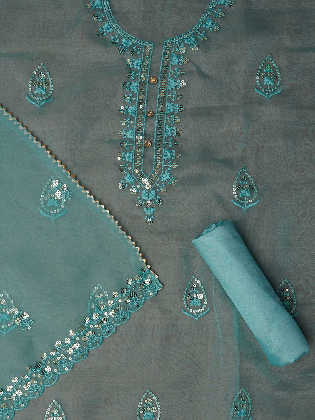 Sea Green Unstitched Embroidered Organza Dress Material With Dupatta