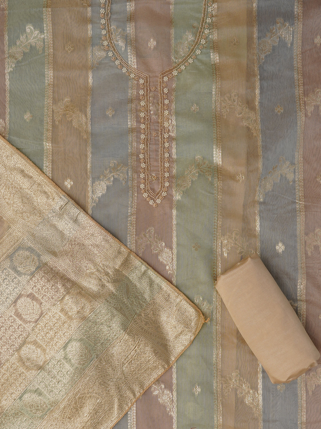 Multicolor Unstitched Woven Design Silk Blend Dress Material With Dupatta