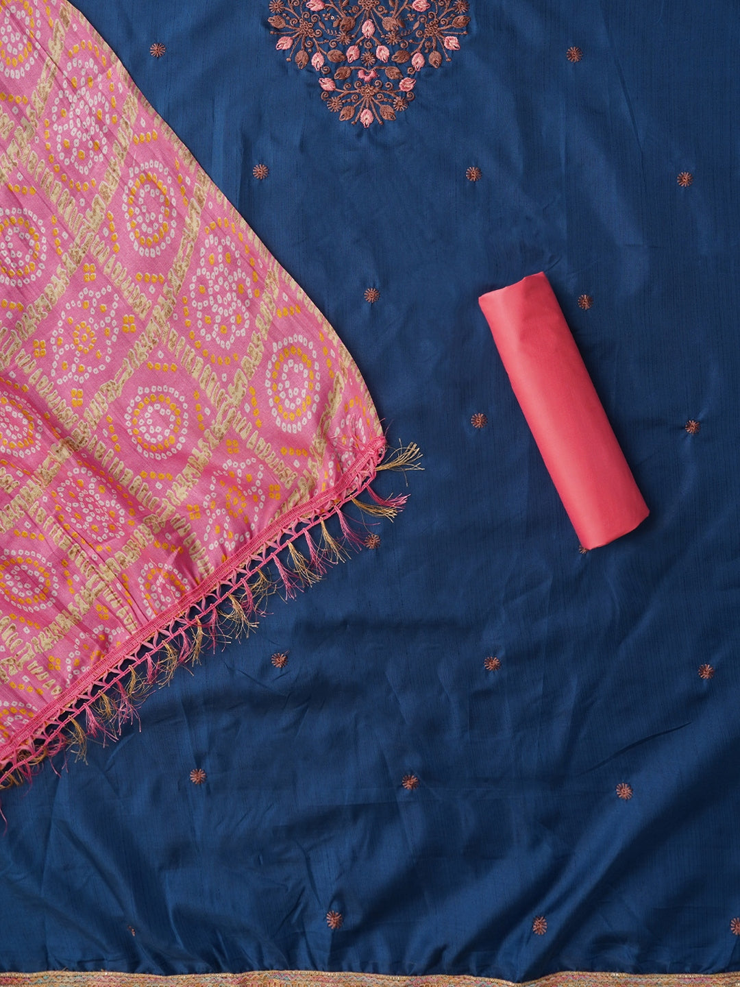 Teal Zari Embroidered Pure Cotton Dress Material with Dupatta