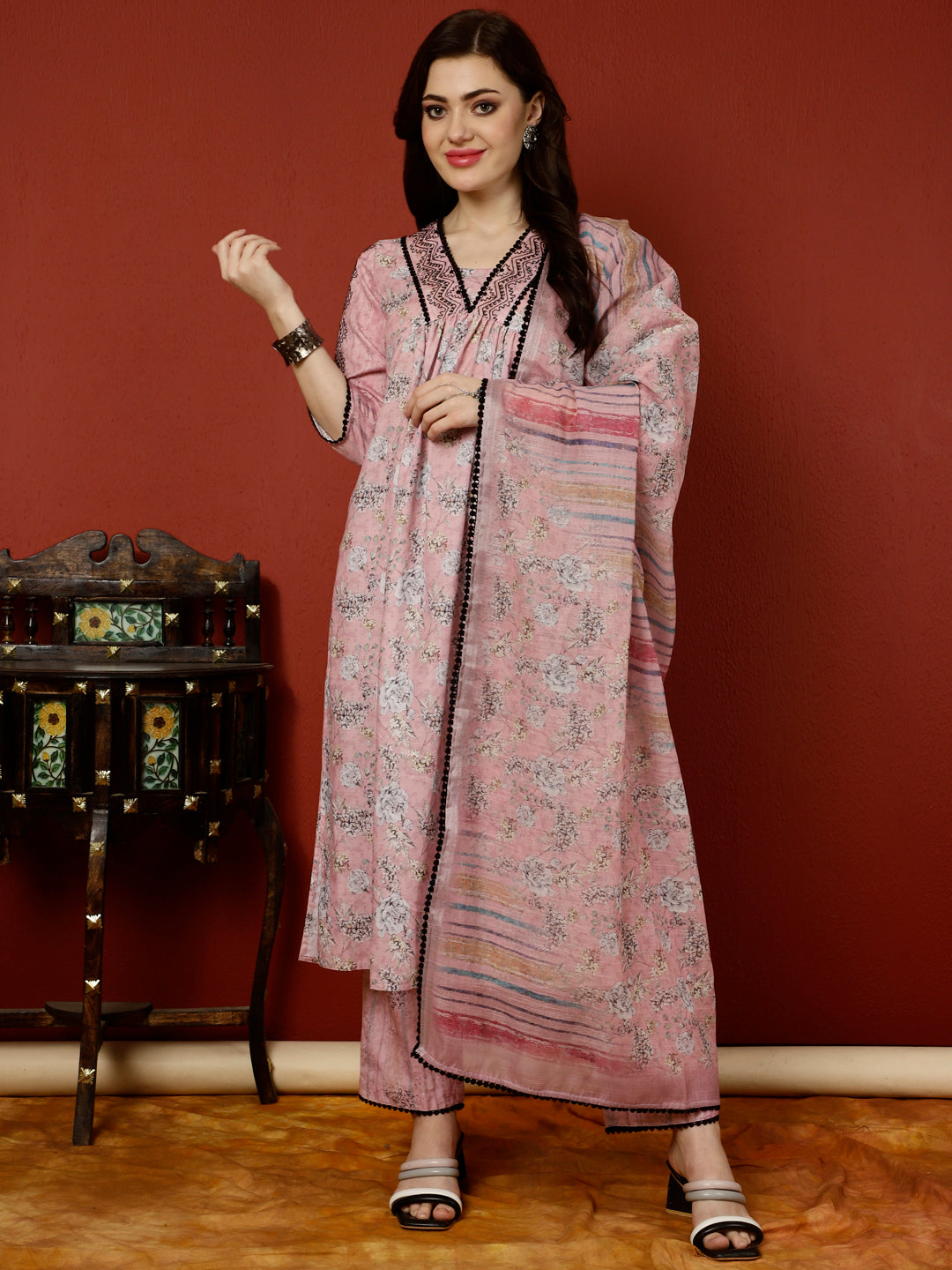 Pink Floral Digital Printed Embroidered Linen Suit Set