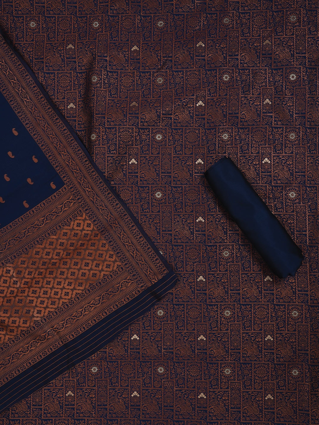 Navy Blue Floral Silk Zari Woven Dress Material with Dupatta