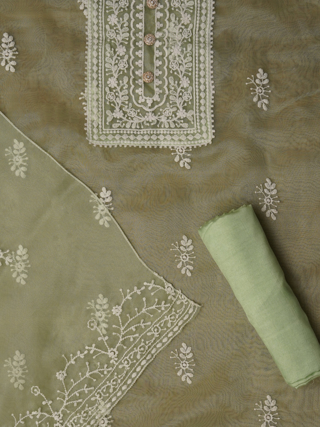 Pista Green Unstitched Embroidered Organza Dress Material With Dupatta