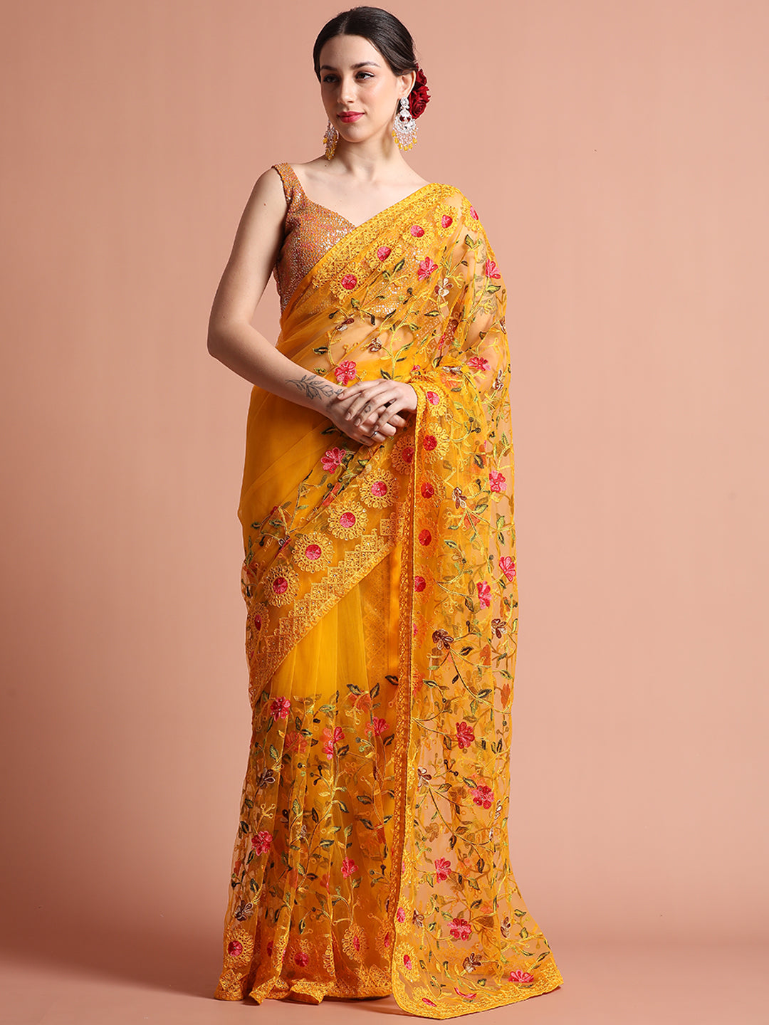 Mustard Party Wear Floral Embroidered Net Saree