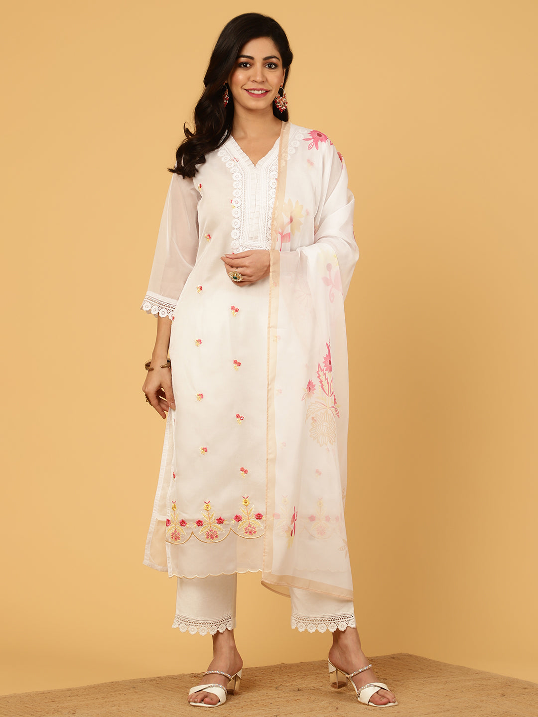 White Aari Work Art Silk Kurta With Pants And Dupatta