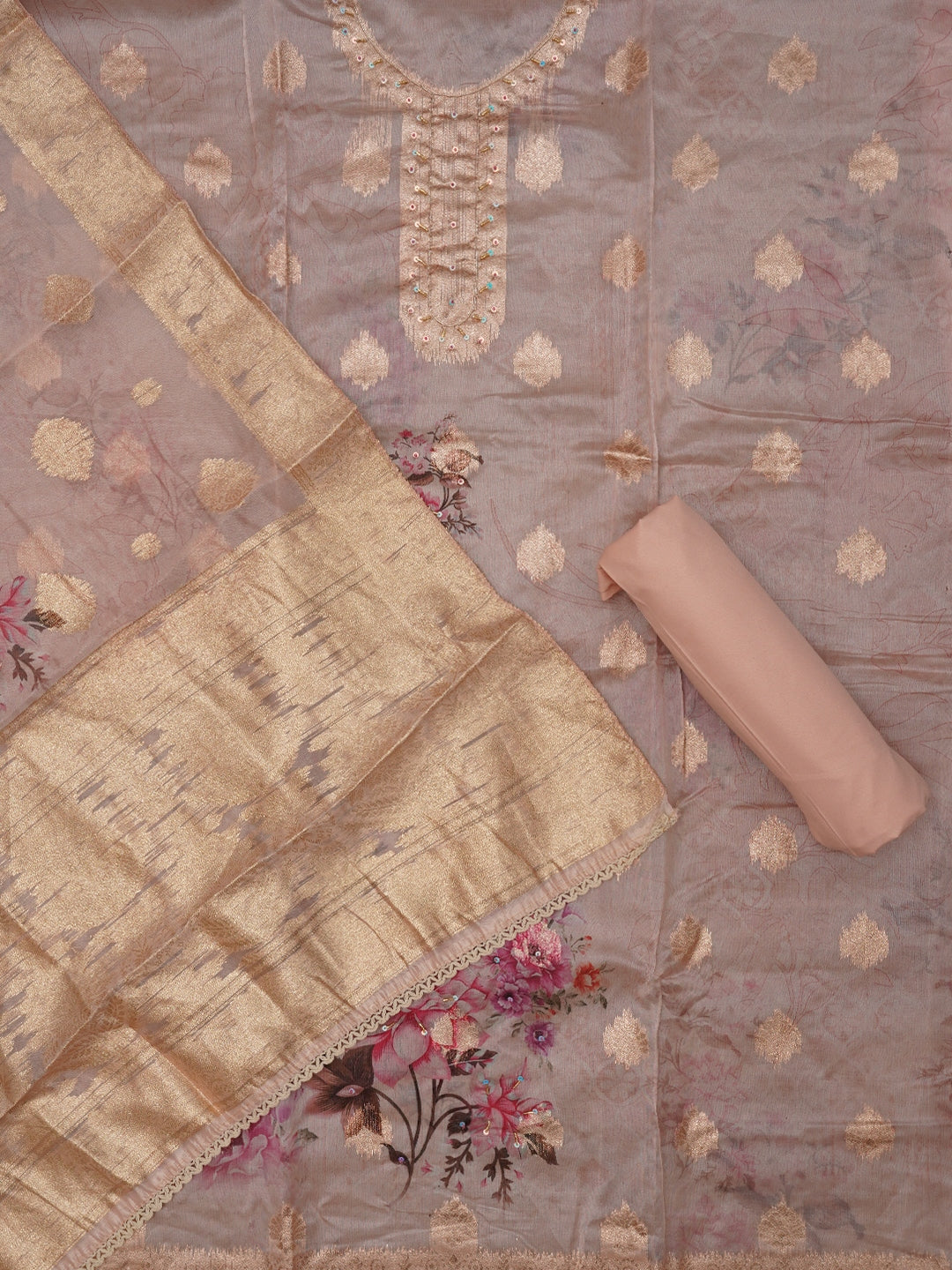 Peach Floral Printed Embellished Organza Dress Material with Dupatta