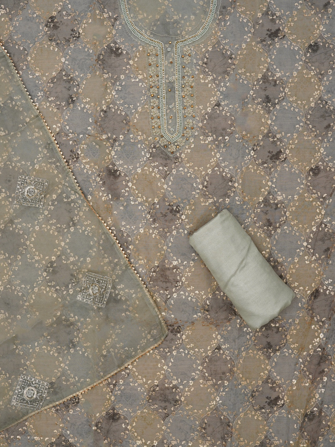 Sequin Embellished Multicolor Organza Dress Material with Dupatta