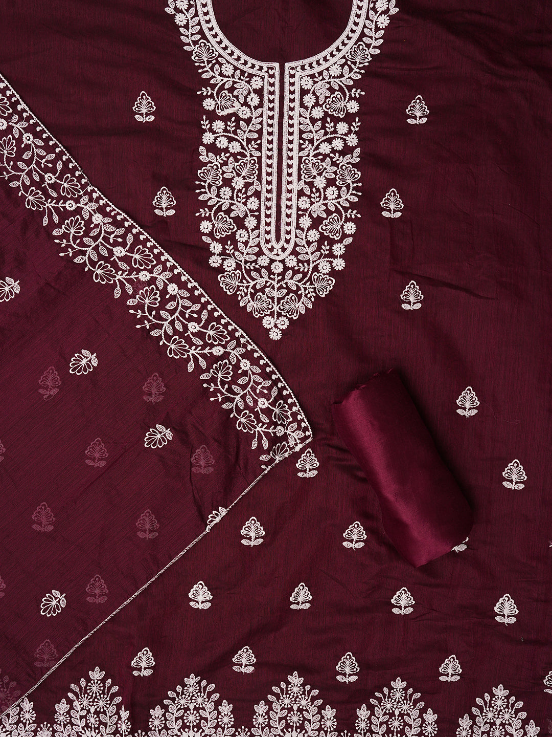 Unstitched Purple Embroidered Cotton Blend Dress Material With Dupatta
