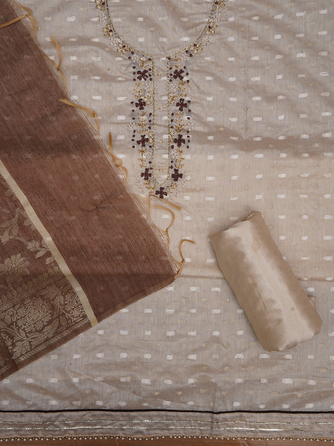 Beige Unstitched Silk Blend Embellished Dress Material With Dupatta