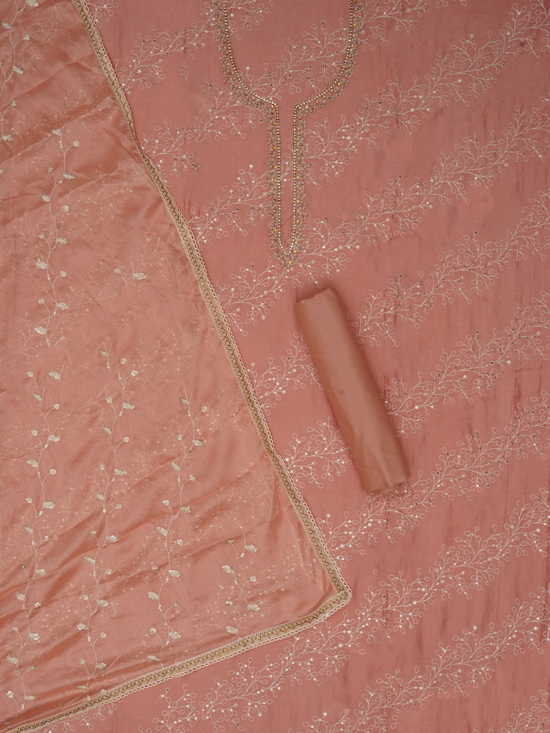 Peach Sequin Embroidered Pure Cotton Dress Material with Dupatta