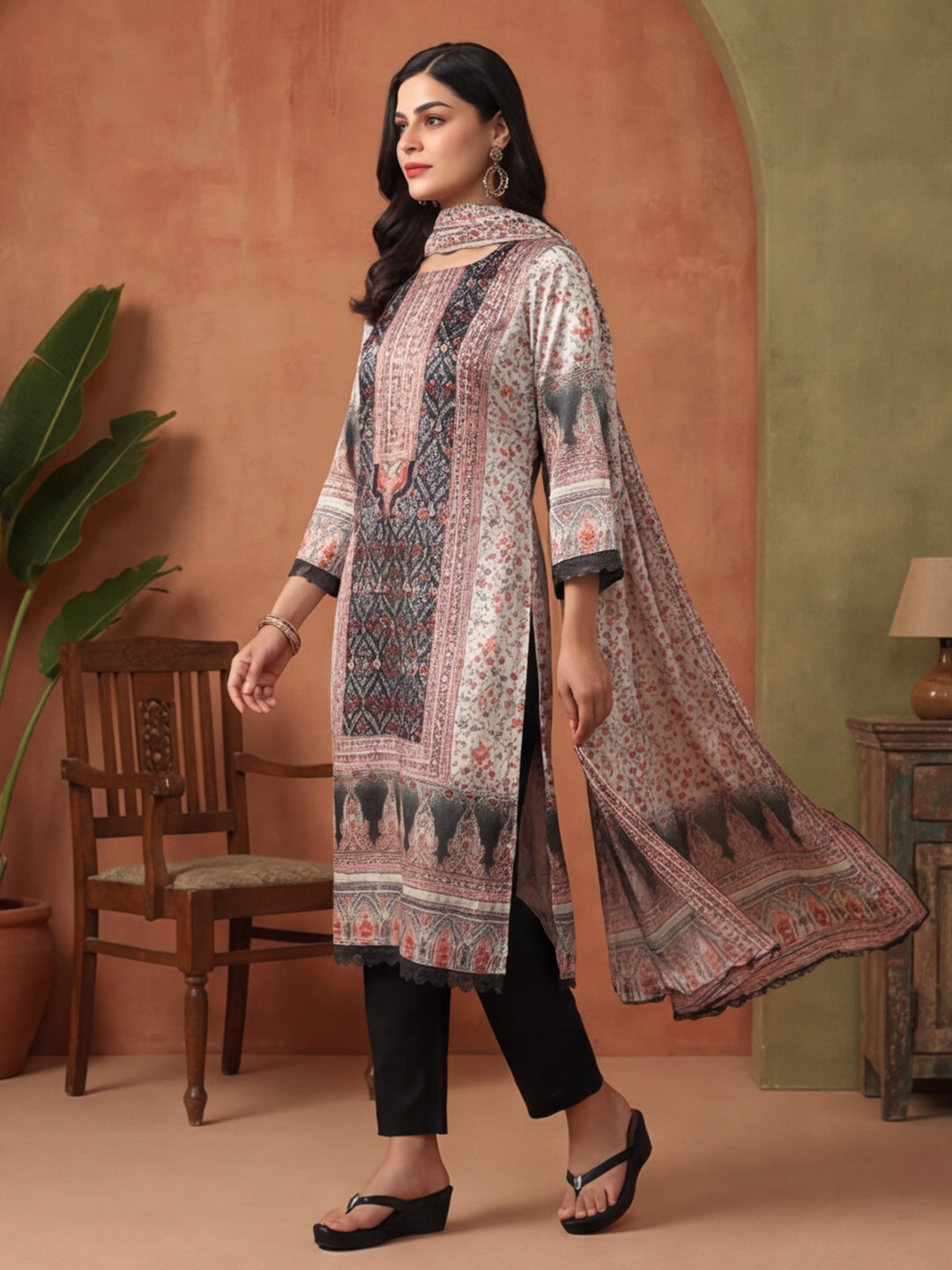 Floral Embroidered Straight Kurta & Trousers Sets