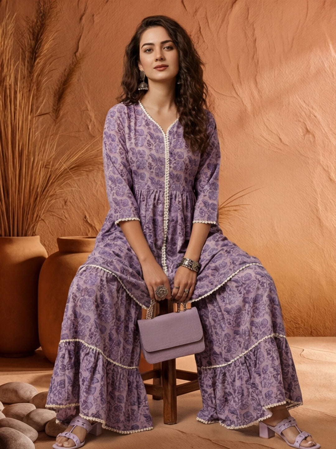 Lavender Floral Print Flared Kurta With Sharara