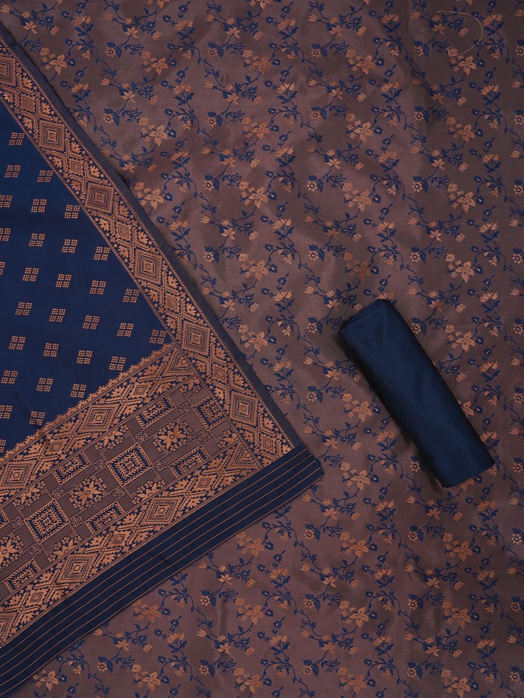 Floral Silk Zari Woven Navy Blue Dress Material with Dupatta