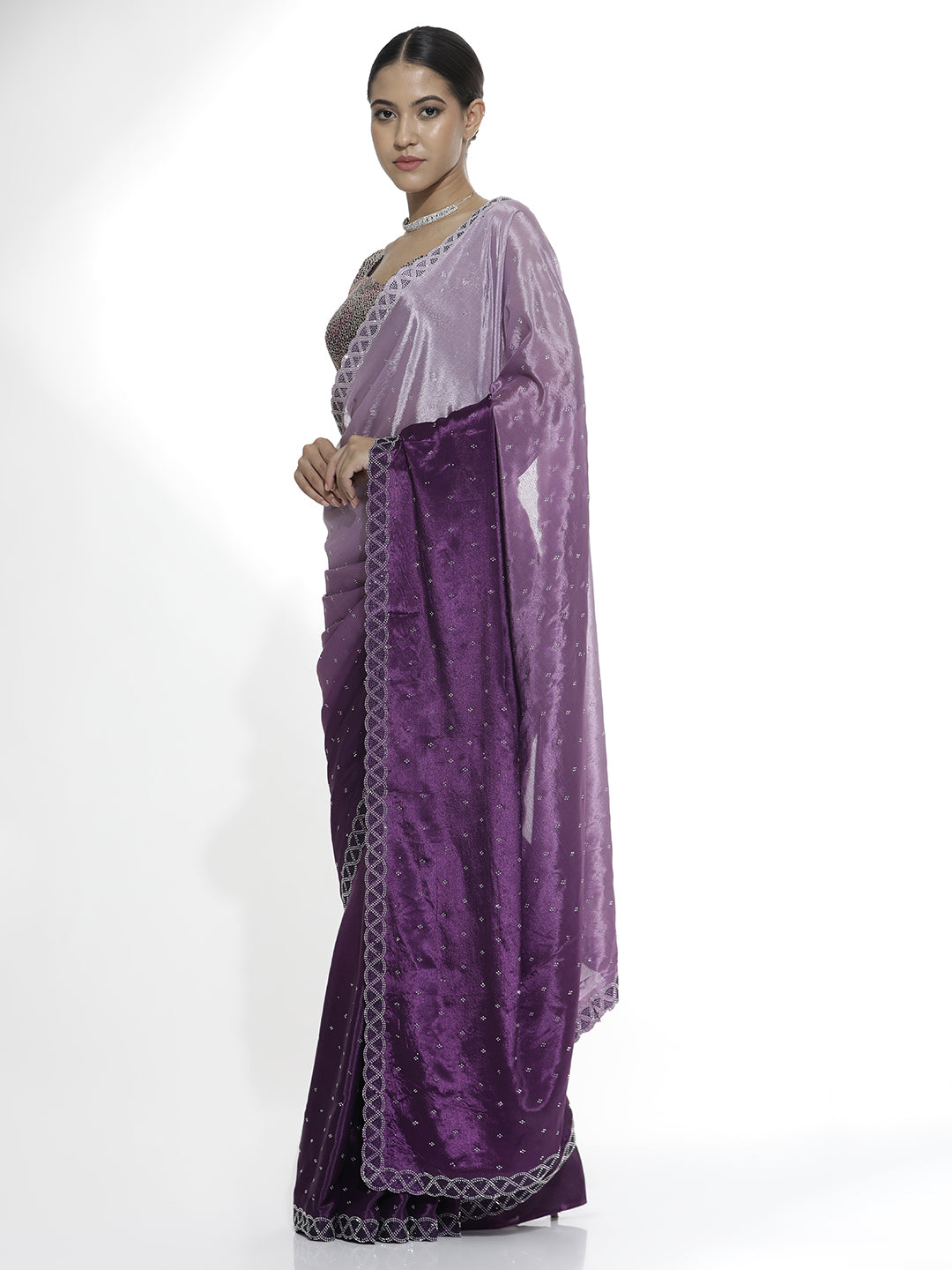 Satin Siroski Work Party Wear Lavender Saree