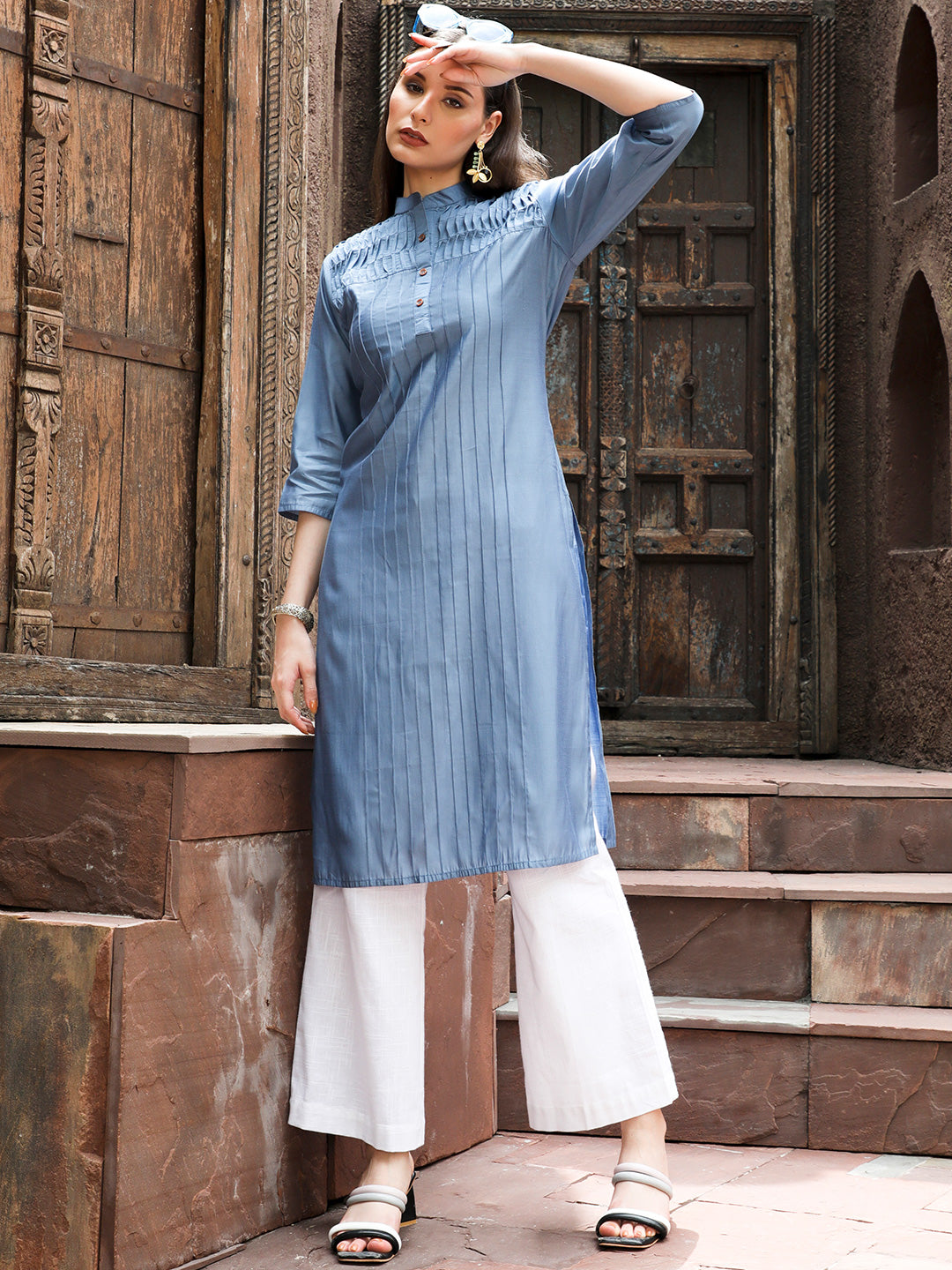 Grey Pintuck Straight Kurta