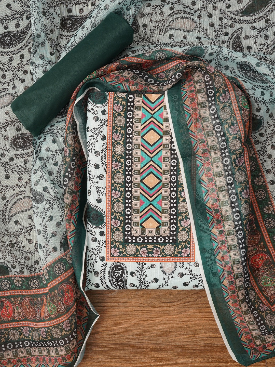 Green Paisley Printed Cotton Blend Dress Material with Dupatta