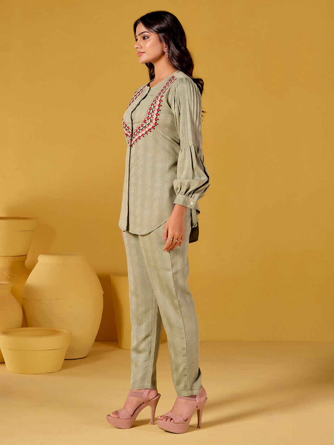 Olive Green Self Design Embroidered Festive Co-ord Set