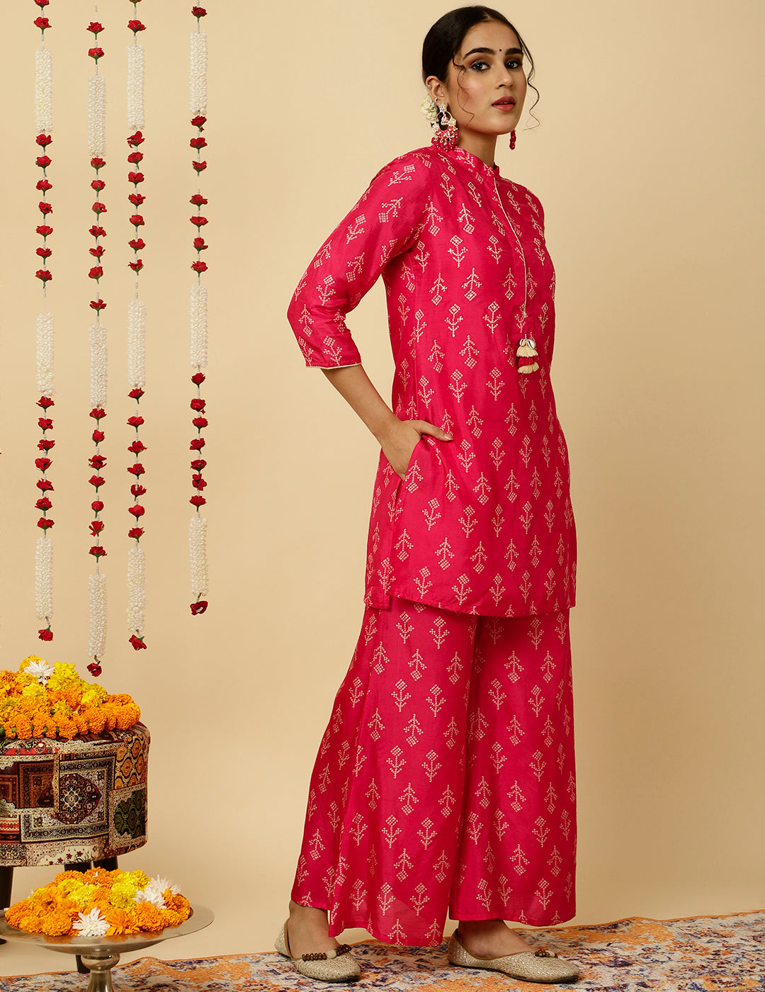 Bandhani Printed Dola Silk Pink Co-ord Set