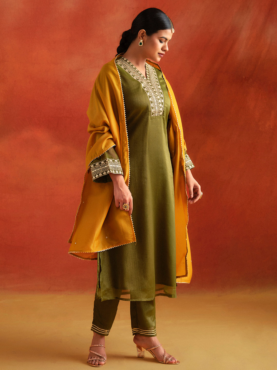 Mehendi Green Zari Work Embroidered Festive Kurta Set With Dupatta