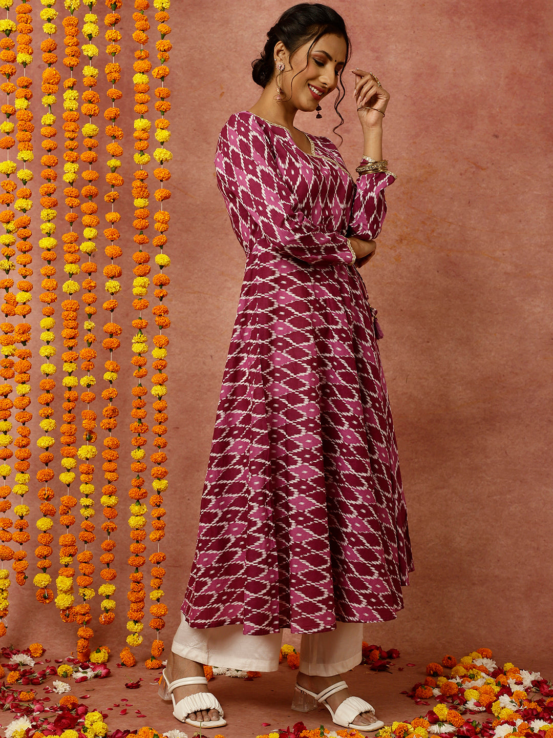 Purple Ikat Printed Angrakha Kurta