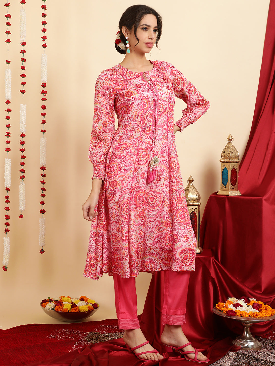 Pink Floral Printed Mirror Work Anarkali Kurta With Pants And Dupatta