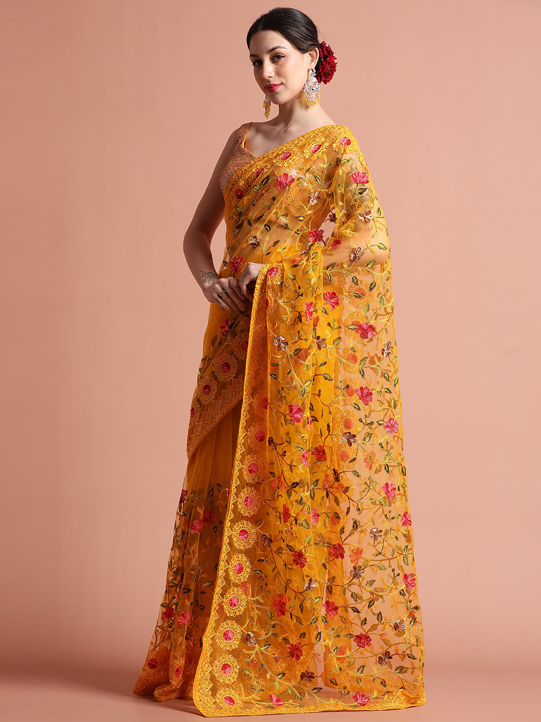 Mustard Party Wear Floral Embroidered Net Saree