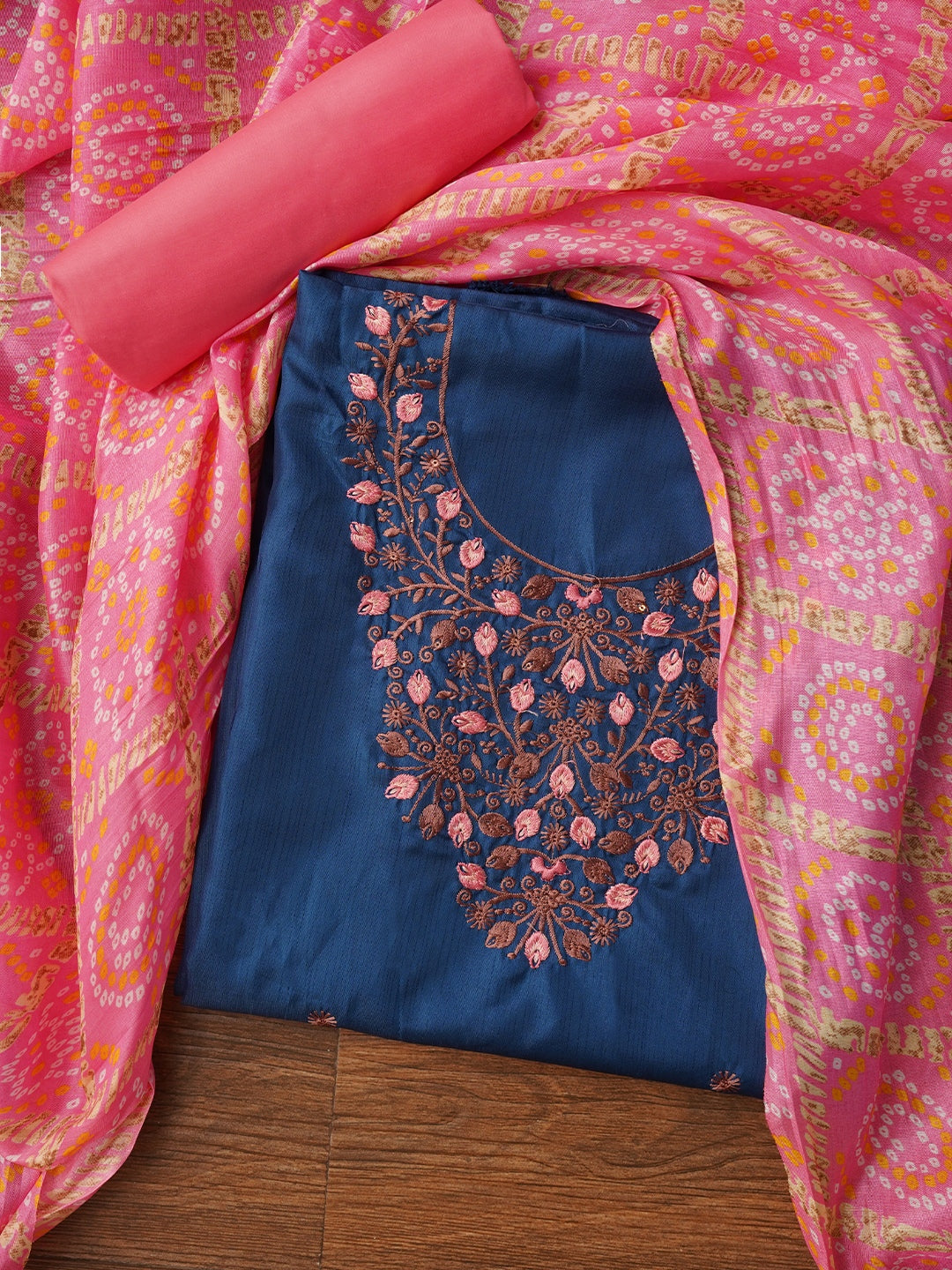 Teal Zari Embroidered Pure Cotton Dress Material with Dupatta