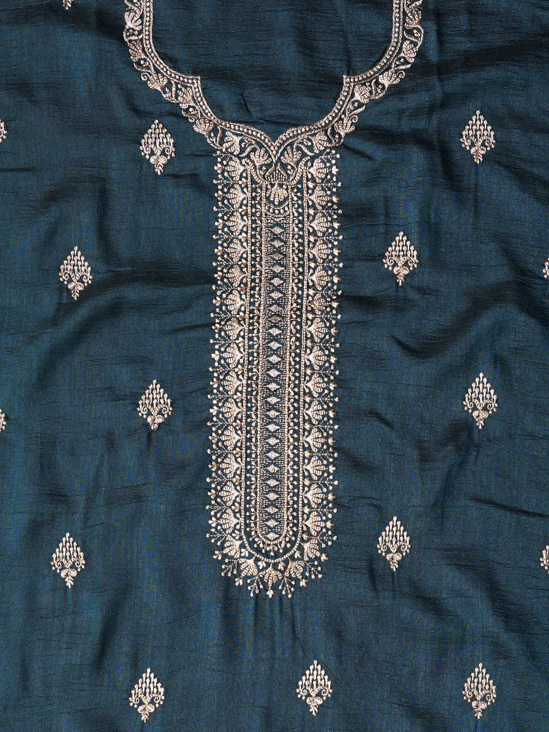 Teal Unstitched Embroidered Silk Blend Dress Material With Dupatta