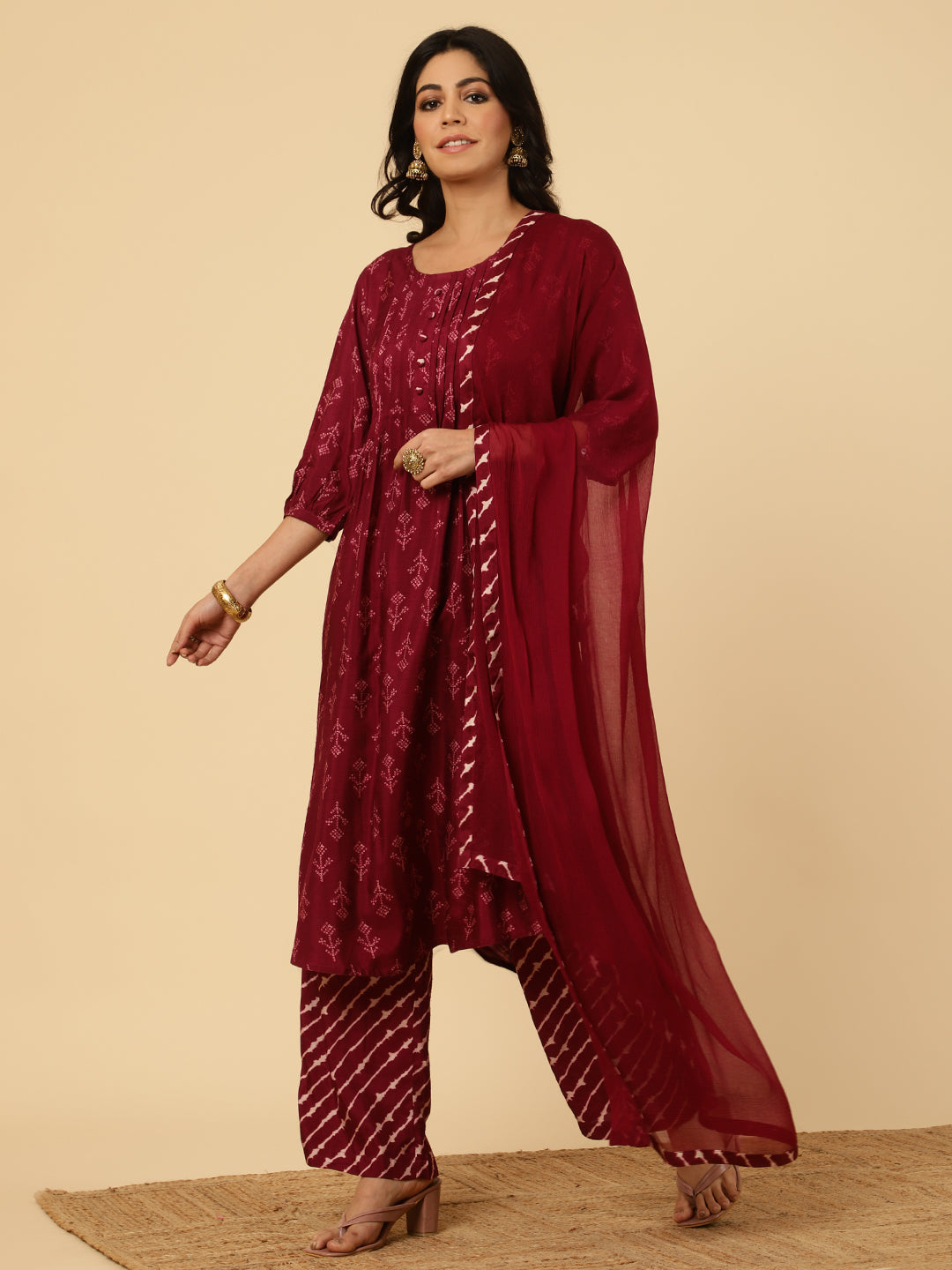 Wine Dola Silk Pleated Bandhani Kurta With Palazzo And Dupatta