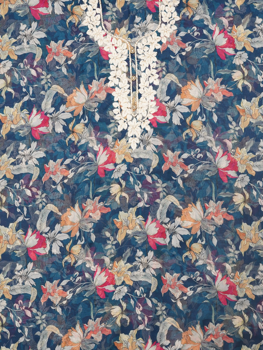 Navy Blue Lucknowi Embroidered Organza Dress Material with Dupatta